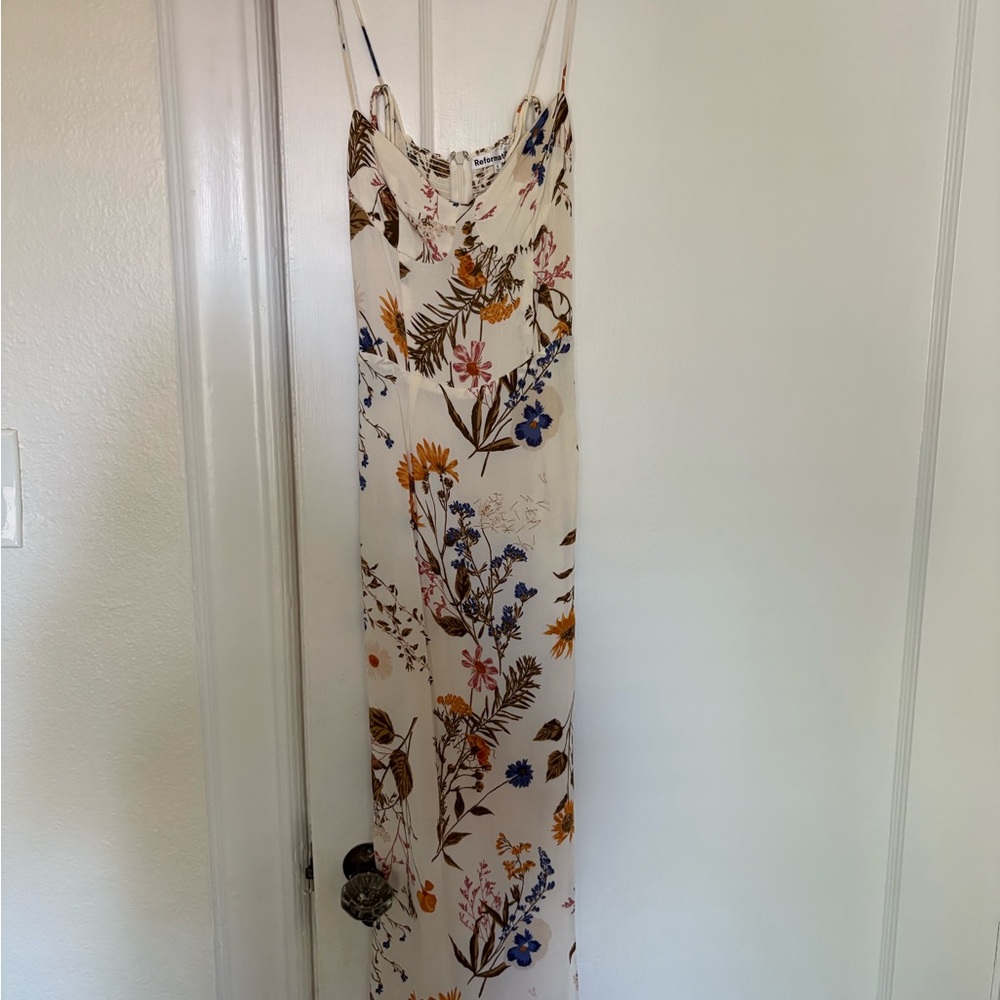 Reformation Cream Floral Dress with Spaghetti Straps